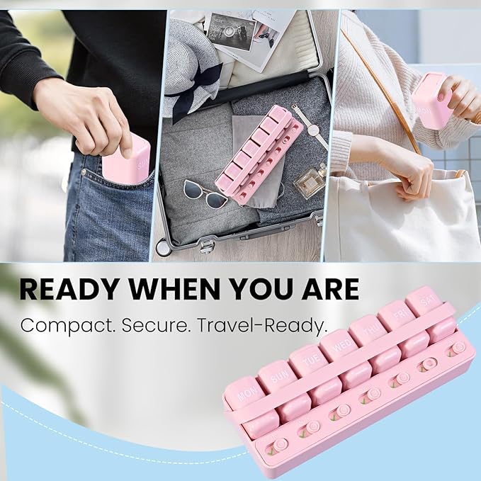 Weekly Pill Organizer with Taken/Untaken Tracker – Never Forget or Double-Dose Your Medication, Large Daily Compartments for Vitamins & Supplements, Vitamin, Pink