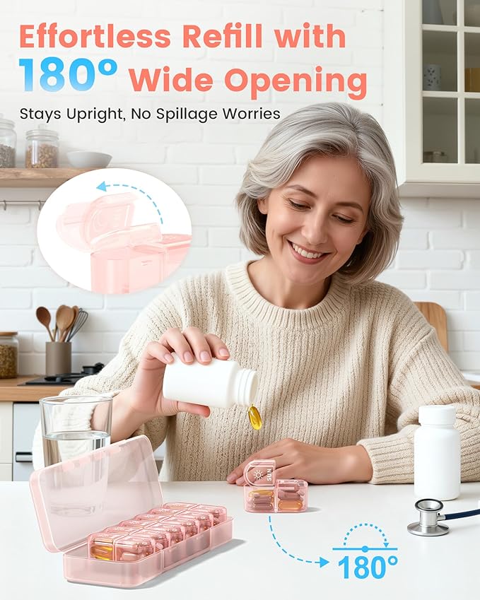 Weekly Pill Organizer 2 Times a Day, Daily AM PM Pill Box Case 7 Day with Large Openings for Easy to Use, Travel Medicine Container for Medication, Vitamins, Supplements - Pink