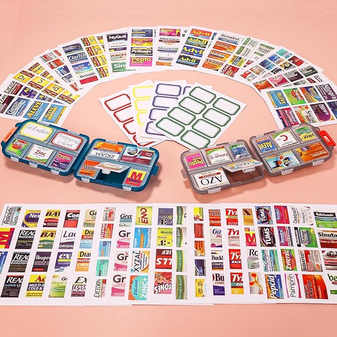 383Pcs Pill Organizer Medicine Labels, Pre-Cut Medicine Stickers Travel Daily Pill Container Labels with 34 Sheets Pill Box Lables Pill Organizer Stickers of Brands+4 Sheets Blank Stickers(351+32PCS)