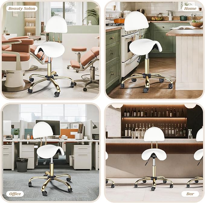 OmySalon Drafting Chair,Ergonomic Saddle Stool with Back Support,Tall Adjustable Rolling Stool with Thick Seat Cushion, Office Computer Chair for Salon Barber Spa Home Bar, White Gold
