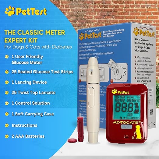 PetTest Expert Glucose Monitoring Kit for Dogs & Cats, Diabetic Pet Blood Sugar Check Gear, Includes Classic Meter, 25 Test Strips, Lancing Device, 25 Lancets, Soft Carrying Case, and More