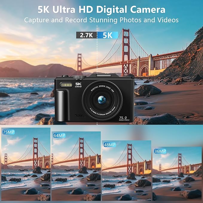 4K/5K Digital Camera for Photography & Video – UHD Vlogging Camera with WiFi, Autofocus, 3" Flip Screen, 18X Zoom – Compact Creator Kit with Lens, Filters & Case (Black)