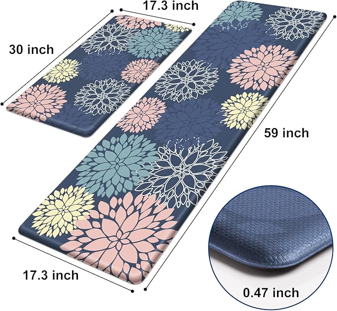 StepLively Kitchen Mats, 2 PCS Cushioned Anti-Fatigue Floral Pattern, Oeko-TEX Certified Washable Non-Slip Standing Mats for Kitchen, Office, Sink & Laundry (17.3"x30"+17.3"x59", Blue)