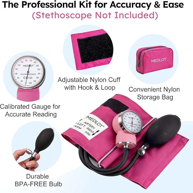 LotFancy Manual Blood Pressure Cuff Adult with D-Ring, Professional BP Cuff 10"-16", Standard Adult Size Sphygmomanometer with Carrying Case for Home Medical, Nursing Student, Doctor, Nurse, Pink