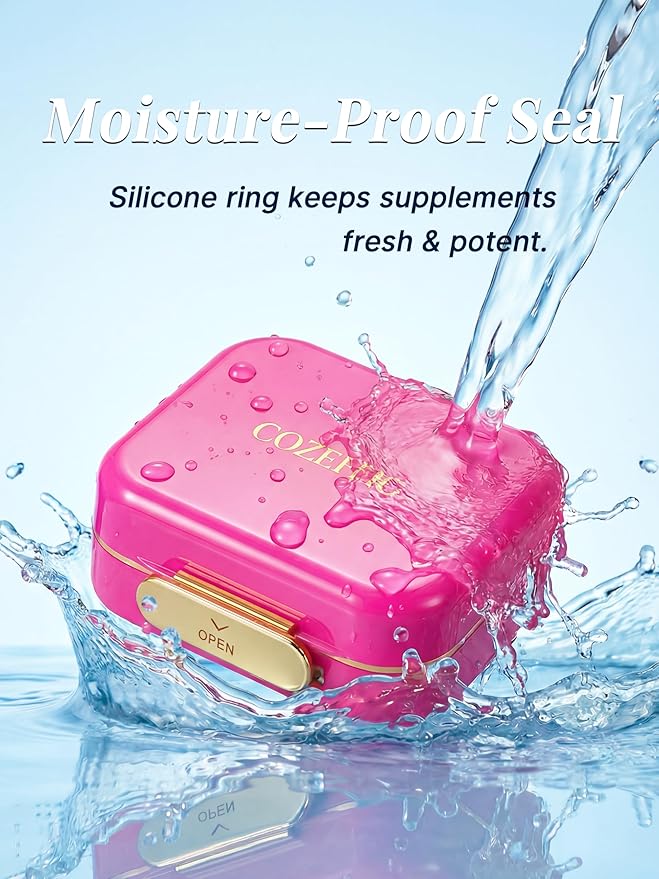 Small Pill Case Travel Pill Organizer - Moisture-Proof 7 Compartments Daily Pill Box for Purse, Pocket & Gym Bag, Secure Double Lock Medicine Vitamin Container for Supplements/Fish Oil - Hot Pink