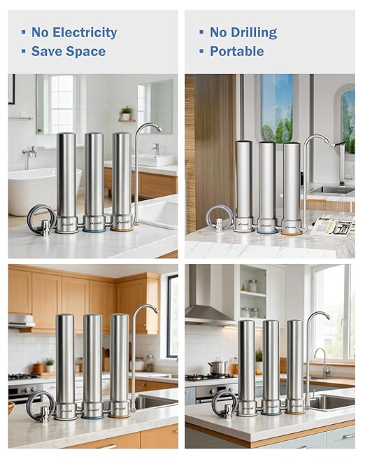 Frizzlife TS99 Countertop Water Filter System, NSF 42&372 Certified 9-Stage Stainless Steel Faucet Water Filtration, 0.5 Micron Elements Reduces 99.99% Lead, Chlorine, Heavy Metals, Bad Taste & Odor