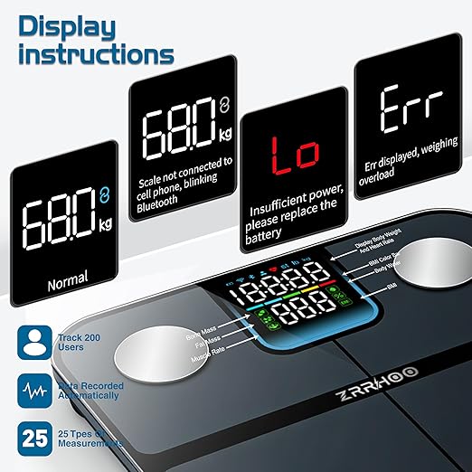 ZRRHOO Smart Scale for Body Weight, Bathroom Scales for Weight,with 7-in-1 Display for BMI Body Fat Muscle Mass, 25 Body Composition Bluetooth Weight Scale for Health Monitoring with APP, 400lb