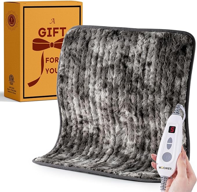 Woomer Heating Pad for Back Pain Relief, Extra Large Electric Heating Pad for Period Cramps, Moist&Dry Options, 6 Heat Setting, 2H Auto-Off, Cozy Faux Fur, 20” x 24”, Marble Grey