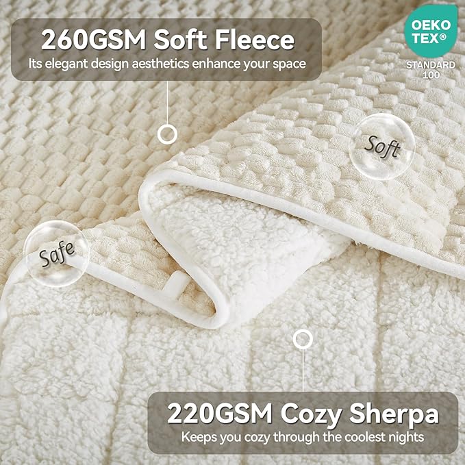 Weighted Blanket Queen Size for Adults,15lbs Jacquard Sherpa Heavy Blanket for Calming and Relax, Dual Sided Ultra Soft Fuzzy Throw Blanket with Glass Beads, 48" x 72", Cream White