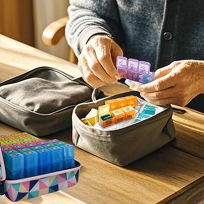 Monthly Pill Organizer, 31-Day Medicine Box with Hard Shell Case, 3 Times Daily Dosage Schedule, Plastic Rectangular Design, Includes Pill Cutter and Monthly Weekly Stickers (Square Lattice)