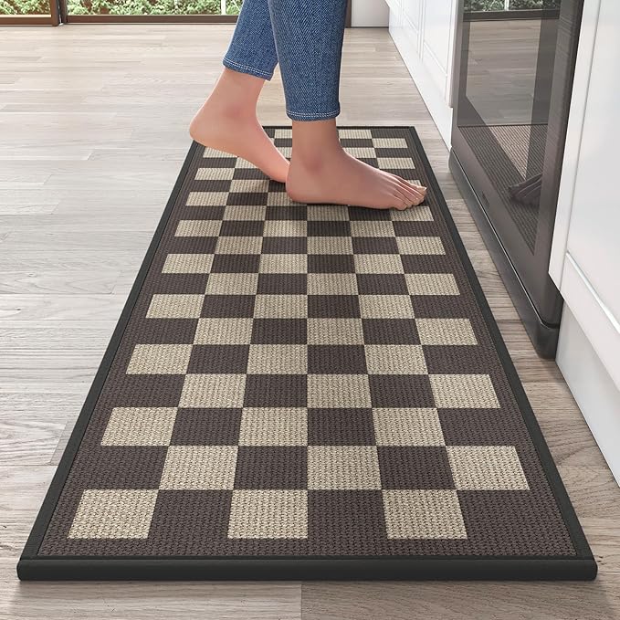 Kitchen Mats for Floor Kitchen Rugs Non Slip Washable, Super Absorbent Linen-Look Woven Kitchen Runner Rug, Sink Mat Standing Mat, Easy Clean, Black Beige Checkered 17"x47"