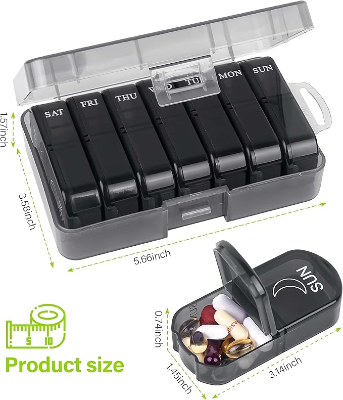 Weekly Pill Organizer 2 Times a Day, Portable Travel 7 Day Morning and Night Pill Box, Black Daily Am Pm Pill Case for Medication, Vitamins, Fish Oils, Supplements