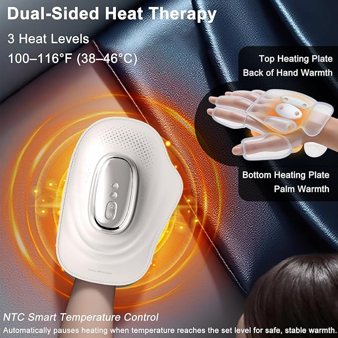Electric Hand & Wrist Massager with Heat and Compression for Tired & Stiff Hands, 3 Massage Modes & Intensities, 3000mAh Rechargeable Cordless, 10-Min Timer for Home Relaxation (White)