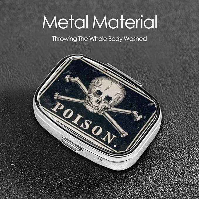 Metal 2 Compartment Pill Organizer Travel Friendly Portable Compact Pill Box Cute Pill Case,for Pocket Wallets Daily Portable Medicine Vitamin Tablet Storage (Poison Black)
