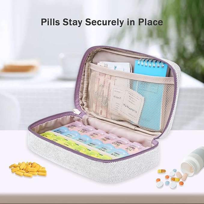 Weekly Travel Pill Organizer Pill Case for Purse with Removable 7 Day Pill Box Holder,Cute Medication Organizer Pill Container for Medicine, Vitamin, Fish Oils,Supplement (Purple, Small)