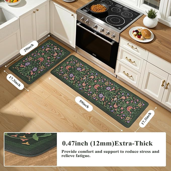 Collive Kitchen Mats Cushioned Anti Fatigue, Waterproof Kitchen Floor Mat Non Slip Desk Rugs Comfort Standing Rug for Sink, Office, Laundry, Home Decor, 17.3"x29"+17.3"x59", Green