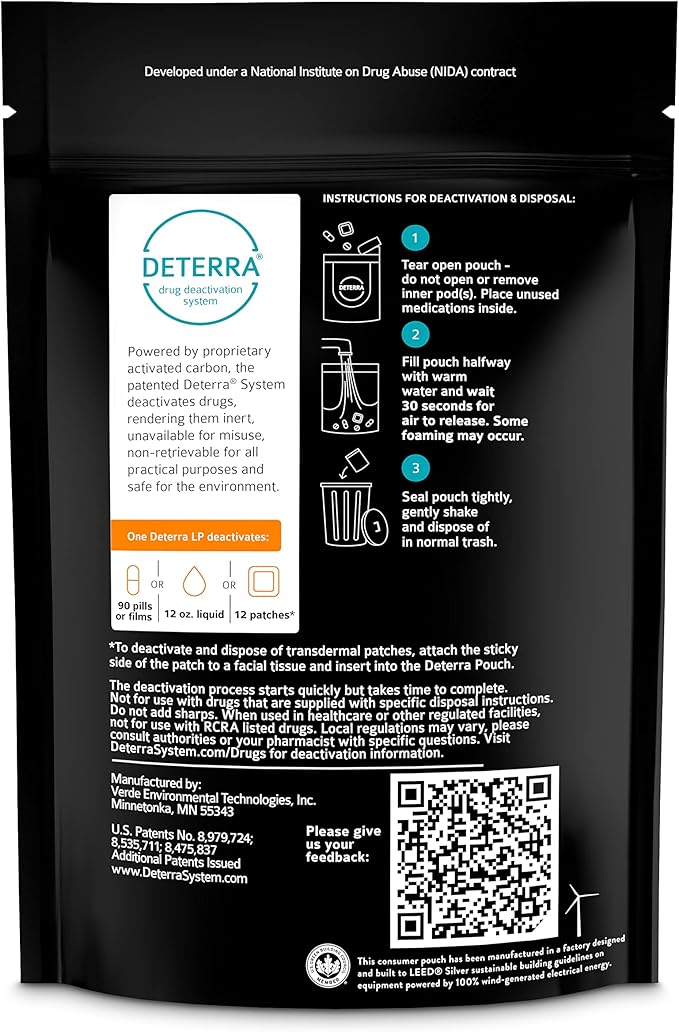 Drug Deactivation Disposal System - Deterra Safe Medication, Pill, and Liquid Destroyer - Large Pouch Disposes 90 Pills, 12 oz or 12 Patches (3-Pack)
