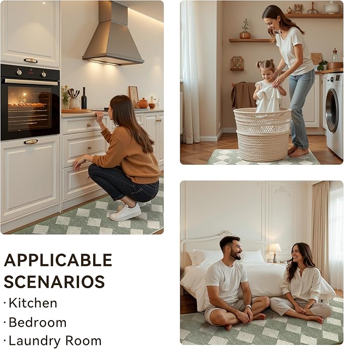 Sage Beige Moroccan Trellis Checkered Kitchen Rug Sets [2 PCs], Anti-Fatigue, Waterproof Non-Slip Kitchen Mats Heavy Duty Ergonomic Comfort Foam Rug for Floor, Home, Laundry,17"x29"+17"x47"