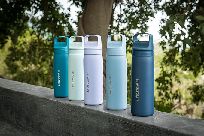 LifeStraw Go Series – Insulated Stainless Steel Water Filter Bottle for Travel and Everyday Use, Removes Bacteria, Parasites and Microplastics, Improves Taste, 18oz Icelandic Blue