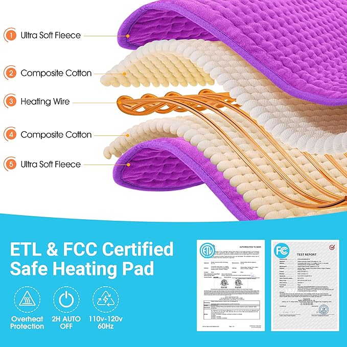Boileau Electric Heating Pad for Back Pain and Period Cramps Relief, 17"x33" Extra Large XXXL, 3 Heating Levels Heat Pad with 2-Hour Auto Shut Off, Gifts for Women and Mom, Purple