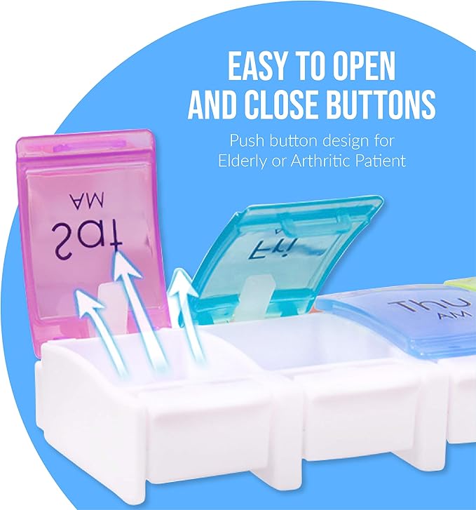 Renoir Weekly 7-Day AM/PM Push Button Pill Organizer Planner- Arthritis Friendly