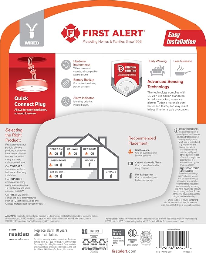 First Alert SMI100-AC, Hardwire Interconnect Smoke Alarm with Battery Backup, 6-Pack