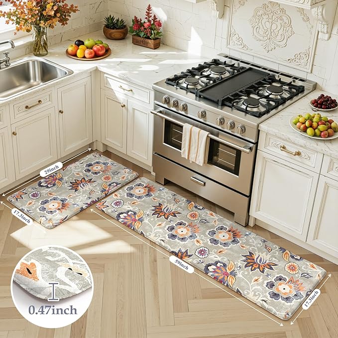 LEEVAN Anti Fatigue Mats for Kitchen Floor 2 Piece,Cushioned Memory Foam Blue Gray Kitchen Mats for Floor,Comfort Floral Boho Non Slip Kitchen Floor Mat for Sink,Laundry(17.3''x29''+17.3''x59'')