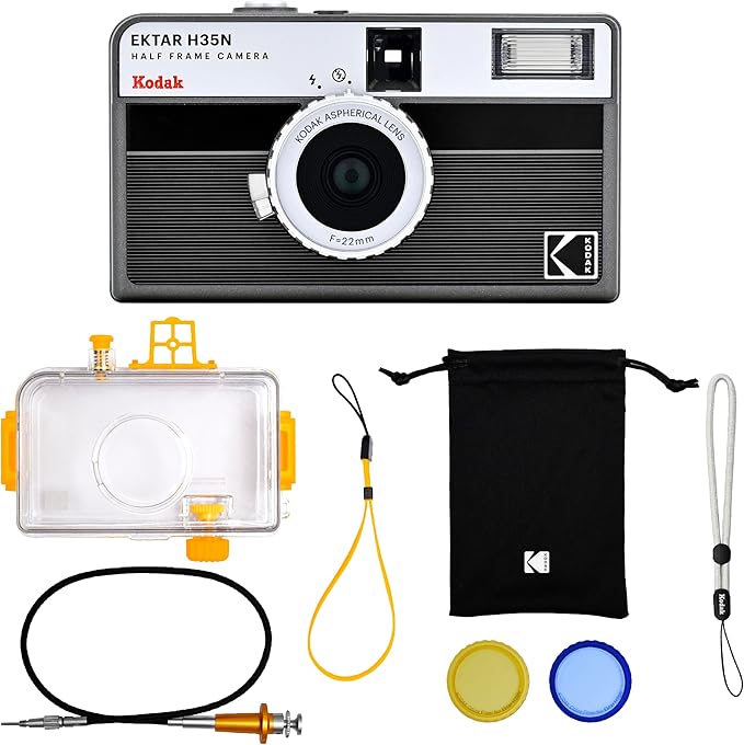 KODAK EKTAR H35N Half Frame Film Camera, 35mm, Reusable, Focus-Free, Bulb Function, Built-in Star Filter, Coated Improved Lens (Film & AAA Battery are not Included) (Striped Black, Premium Kit)