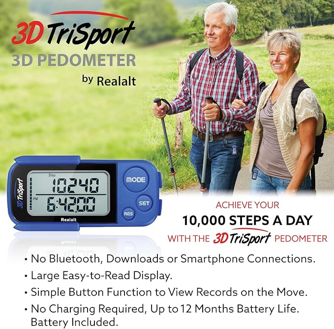 Realalt 3DTriSport 3D Walking Pedometer with Clip & Strap, Accurate Step Counter with 30-Day Memory, Distance in Miles/KM with Large Display Perfect for Seniors & Beginners, eBook Included