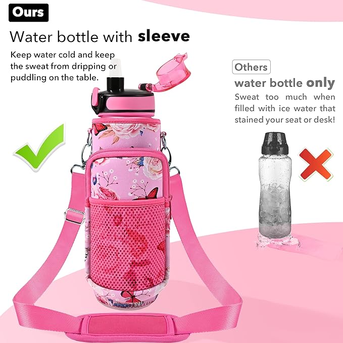 32 oz Water Bottles with Straw & Strap, Motivational Water Bottles with Times to Drink, BPA Free Reusable Sports Water Bottle with Sleeve Carrier for Hiking, Travel, Running or Fitness