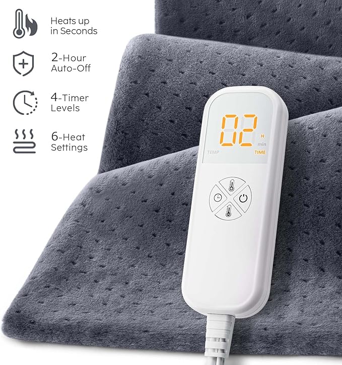 Heating Pad for Back Pain & Cramps, 24"x 20" Electric Heating Pad for Shoulder, Neck, Cramp, Menstrual Pain, Christmas Gifts for Women Men Mom Dad, Auto-Off, Machine Washable, Moist/Dry Heat pad, Gray