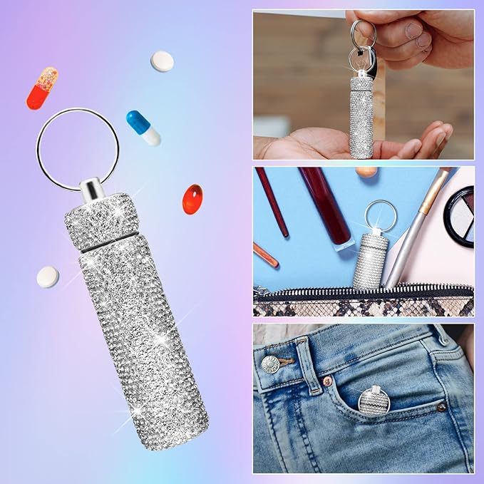 Yuchew Bling Pill Case Pill Container Rhinestone Pill Box Portable Waterproof Pocket Pill Holder Bottle Storage with Keychain for Travel, Outdoor, Camping (Silver)