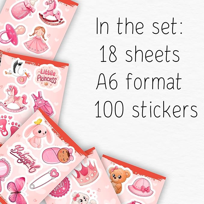 100Pcs Baby Girl Stickers for Shower, Scrapbooking - Newborn Stickers - Baby Girl Shower Party Supplies & Decoration, Gifts