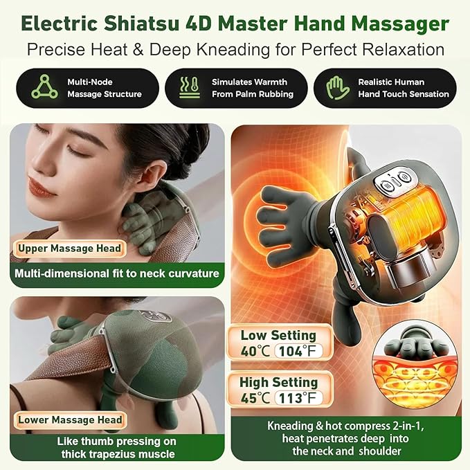 Neck Massager with Heat & Compression, Portable 4D Shiatsu Deep Tissue Kneading Massager for Neck, Shoulder, Back Pain Relief, Comfort, Muscle Relaxation at Home, Office, Travel Easter Gift Women Men