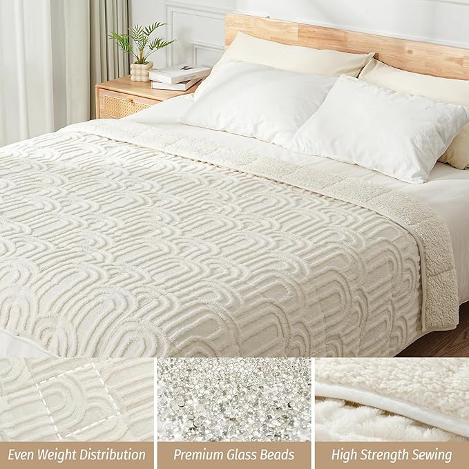 Wemore Jacquard Fleece Weighted Blanket Queen Size 60" x 80" 15lbs, Ultra Soft Cozy Sherpa Weighted Blankets for Adults, Ultra Fuzzy Heavy Blanket for Sleep, Fluffy Warm Throw for Bed, Cream White