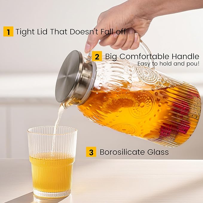Bandesun Vintage Glass Pitcher with Lid, 101oz/ 3 Liter Water Pitcher with Handle for Fridge Heat Resistant Borosilicate Water Jug, Carafe for Hot/Cold Coffee, Tea,Beverage 1Pack