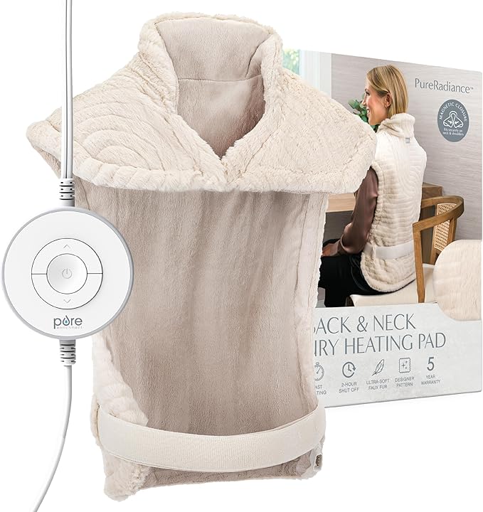 Pure Enrichment PureRadiance Back & Neck Luxury Heating Pad for Pain Relief, Patented Design, Soft Faux Fur & Micromink, 6 Heat Settings, Machine Washable, Universal Fit, 31.5” x 24” (Golden Sands)
