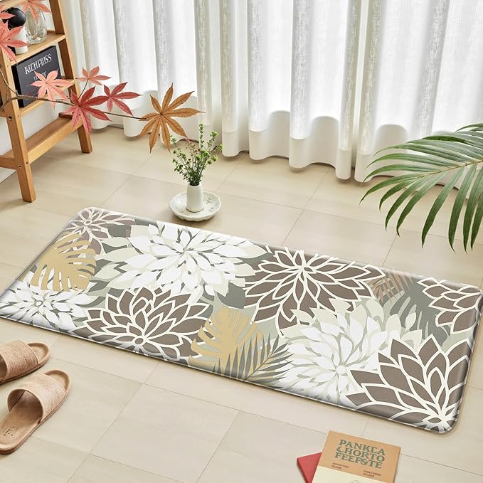 Kitchen Mats for Floor 2PCS Cushioned Anti Fatigue Kitchen Mats Waterproof Non Slip Kitchen Mat Rug Set Comfort Foam Standing Mat for Sink, Laundry, Office, Brown White
