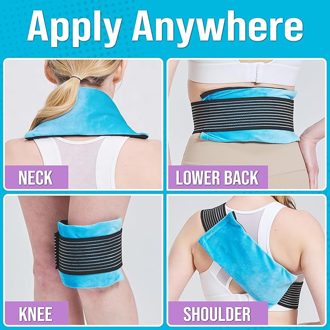 Gel Ice Packs for Injuries Reusable, Hot & Cold Gel Wrap (4 Pack), Adjustable & Flexible, Long Lasting Instant Compression for Back, Knees, Shoulders, Elbows, Neck, Foot & Ankle