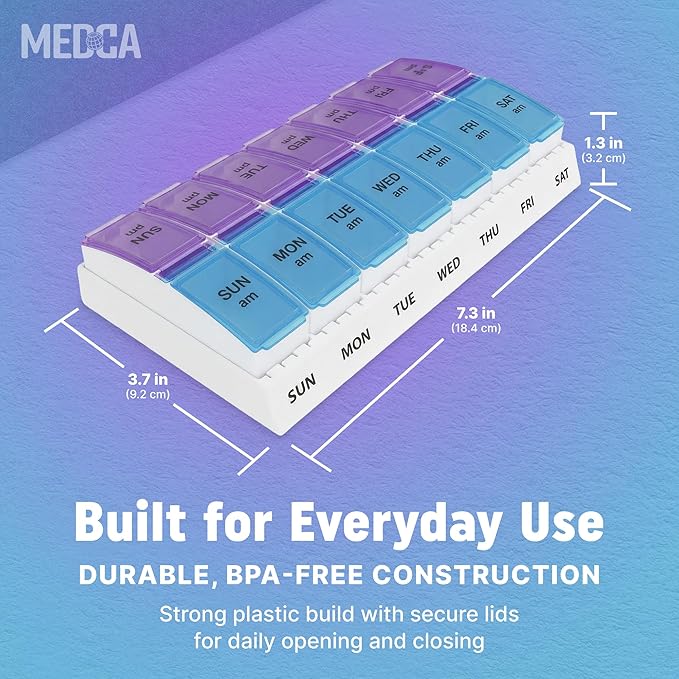 Weekly AM/PM Pill Organizer - 7 Day Medicine Planner with Large Pop-Out Daily Compartments, Easy Open 2-Times-a-Day Pill Case for Travel that Holds Big Size Vitamins & Supplements, Blue and Purple