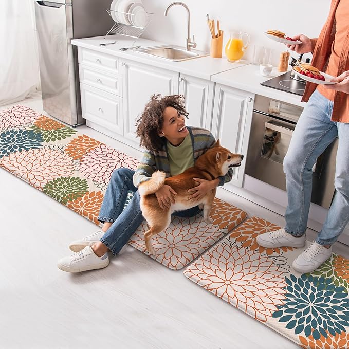 Collive Kitchen Rugs and Mats Cushioned Anti Fatigue Kitchen Mat 2PCS Non-Skid Waterproof Kitchen Runner Rug Comfort Foam Standing Mat for Floors,Office,Laundry,Sink,Floral