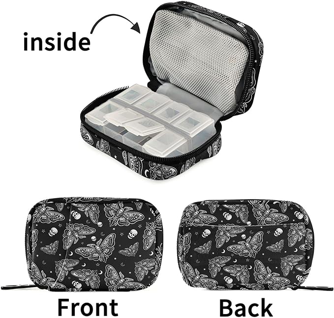 Travel Pill Organizer Bag Weekly Pill Organizer Case Goth Moth Skull Moon Esoteric Portable Small Daily Pill Boxes for Vitamin Fish Oils Supplement Holder with Zipper Compact Size