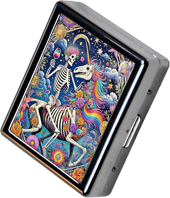 8-Compartment Pill Box Organizer Portable and Stylish Medicine Case, Versatile Storage for Medication - Ideal Travel Accessory & Unique Gift Idea (Skull and Unicorn)