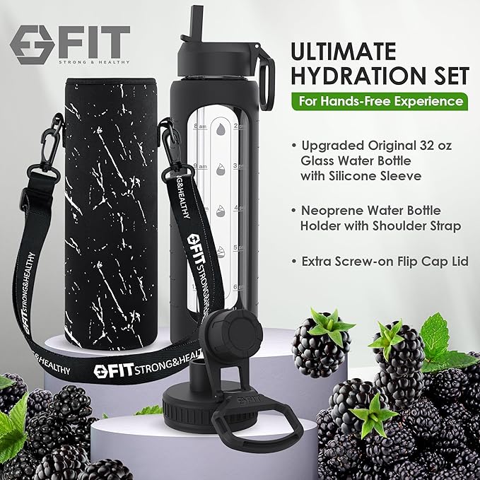 FIT Strong & Healthy 32 oz Glass Water Bottle with Straw Lid - Wide Mouth Borosilicate Glass Water Bottles with Time Marker, Silicone Sleeve & Extra Lid - 1L Large Motivational Drinking Bottle