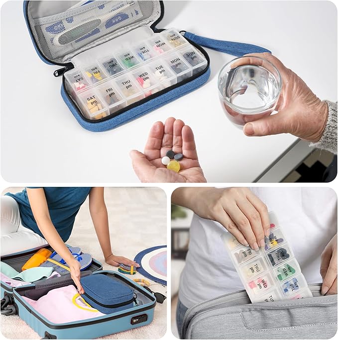 Weekly Pill Organizer 2 Times a Day, Travel Pill Box 7 Day with Large Opening, Pill Case with Handle, Pill Dispenser Medicine Organizer for Vitamins, Fish Oils, Medications, Supplements (Blue, Large)