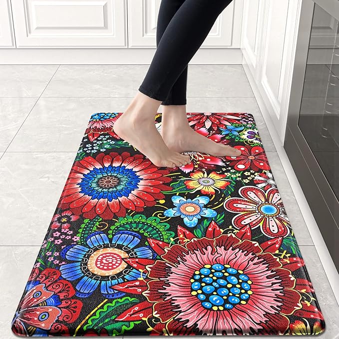 Likiyol Boho Kitchen Rugs Floral Kitchen Mats for Floor Bohemian Cushioned Anti Fatigue Mats for Kitchen Floor Non Slip Washable Kitchen Mat for Home, Sink, 18''x30'', Red