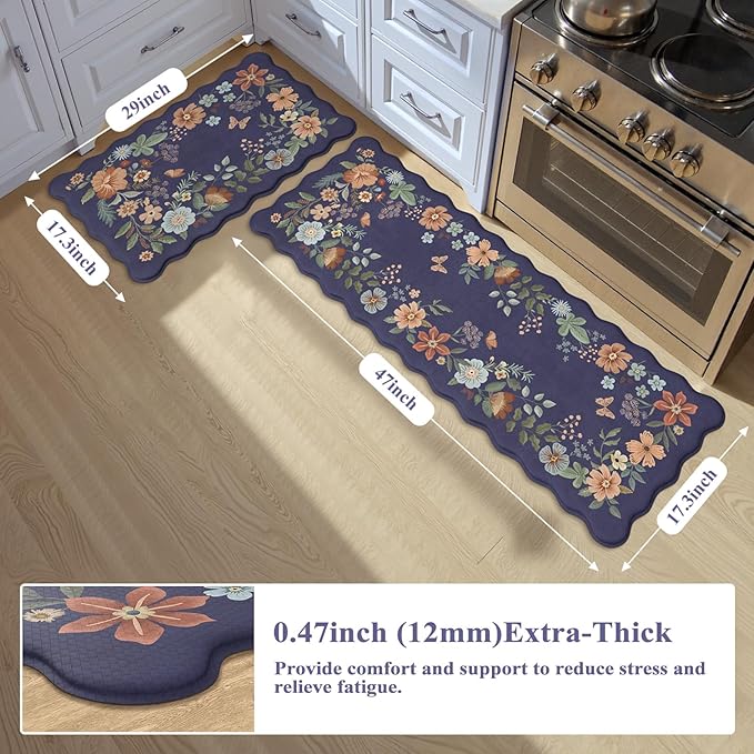 Collive Anti Fatigue Mats for Kitchen Floor, Scalloped Waterproof Kitchen Rugs Sets of 2 Non Skid Floral Desk Rug, Comfort Memory Foam Standing Mat for Office, Sink, Laundry, Blue