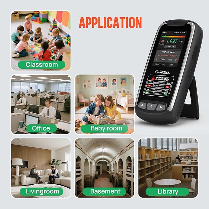 LifeBasis Portable Radon Detector with TFT Color Display, First Result in 6 Hours, Rechargeable Radon Monitor for Home Basement, 504-Day Accurate Data Storage, Visual & Audible Alarm pCi/L or Bq/m³