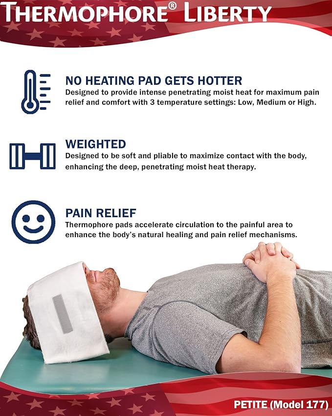 Assembled in - Thermophore Liberty 2 Moist heating pad for arthritis, back, neck, shoulder pain and cramps relief - Electric, 3 Temp Settings with auto shut off & specialty cover, Petite 4"x17" Rolled