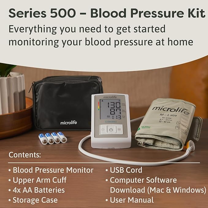Microlife Series 500 Automatic Upper Arm Blood Pressure Monitor for 2 Users, Stores Up to 198 Results, Wide-Range Cuff Fits Adult Arms <16.5 in (Size M – L), Smart Tracking Software